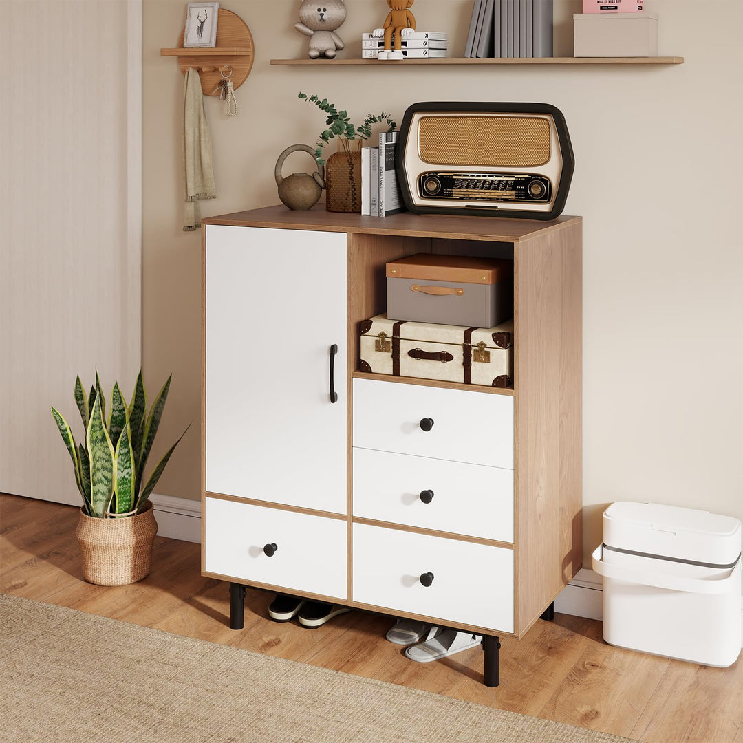Giantex Storage Cabinet with 4 Drawers Door & Open Compartment, Metal Support Legs