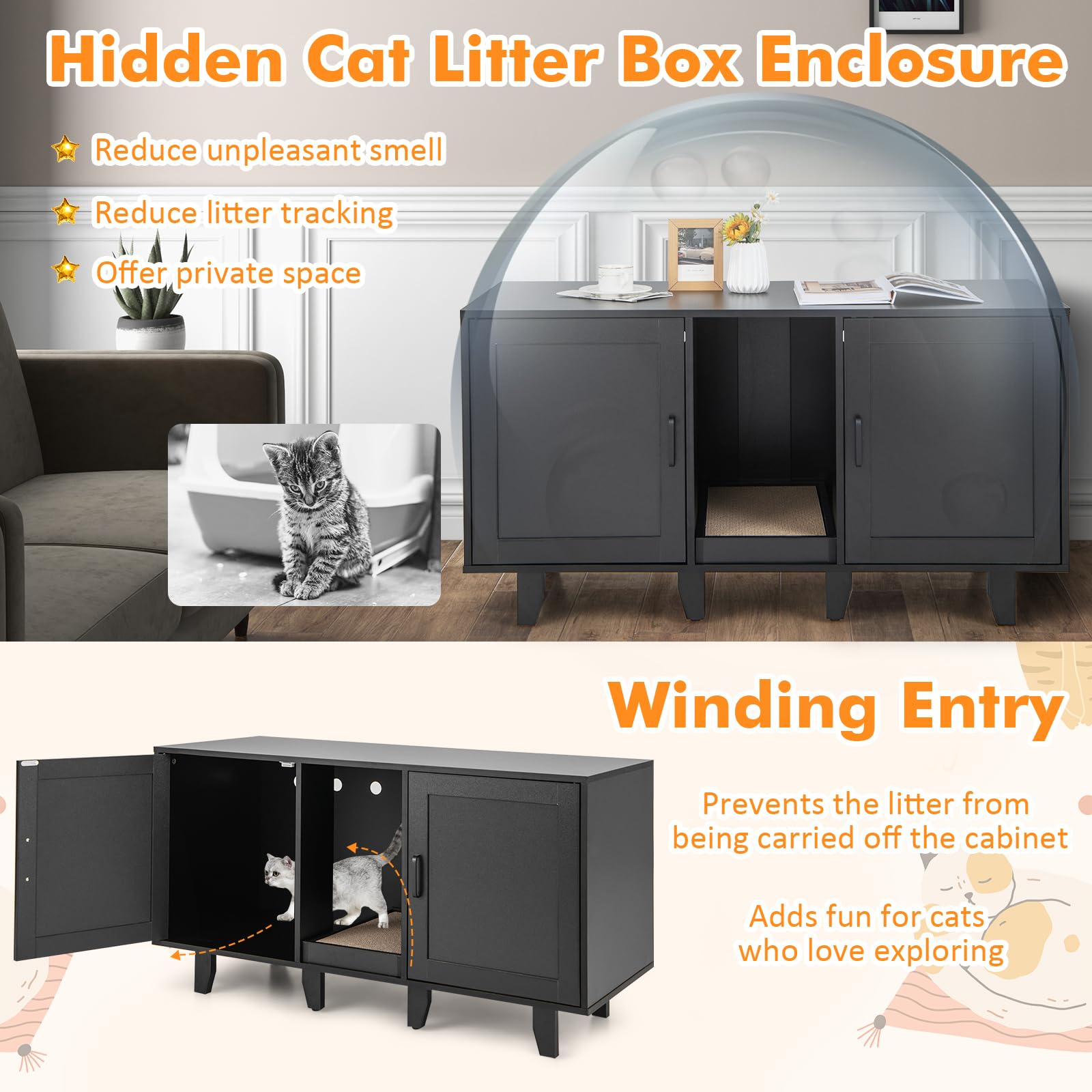 Giantex Cat Litter Box Enclosure - Cat Washroom Hidden Furniture with 2 Storage Cabinets