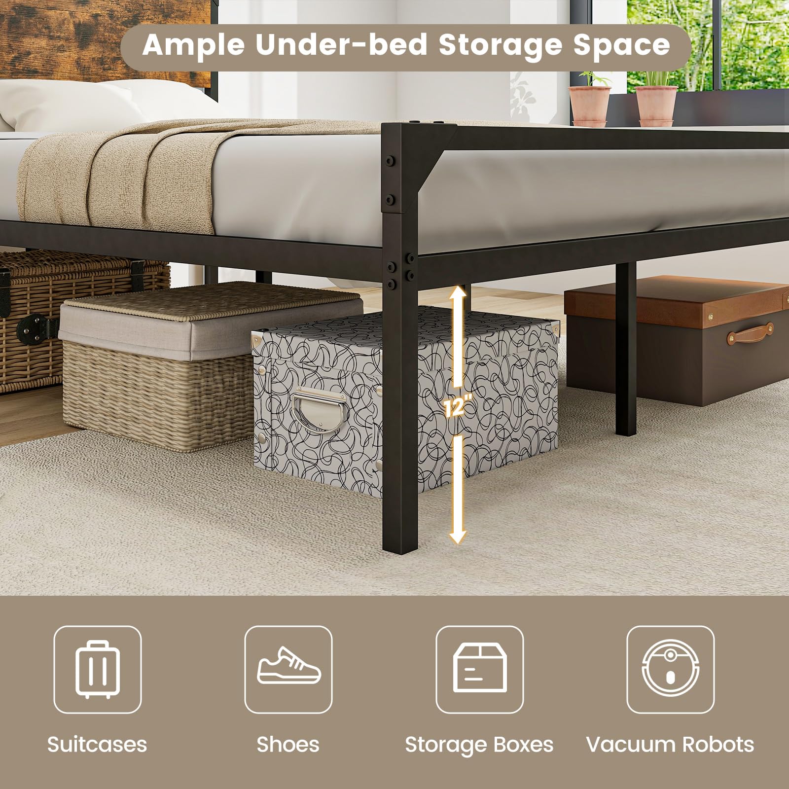 Giantex Full Size Bed Frame with Rustic Headboard & Footboard, Strong Metal Slat Support Mattress Foundation