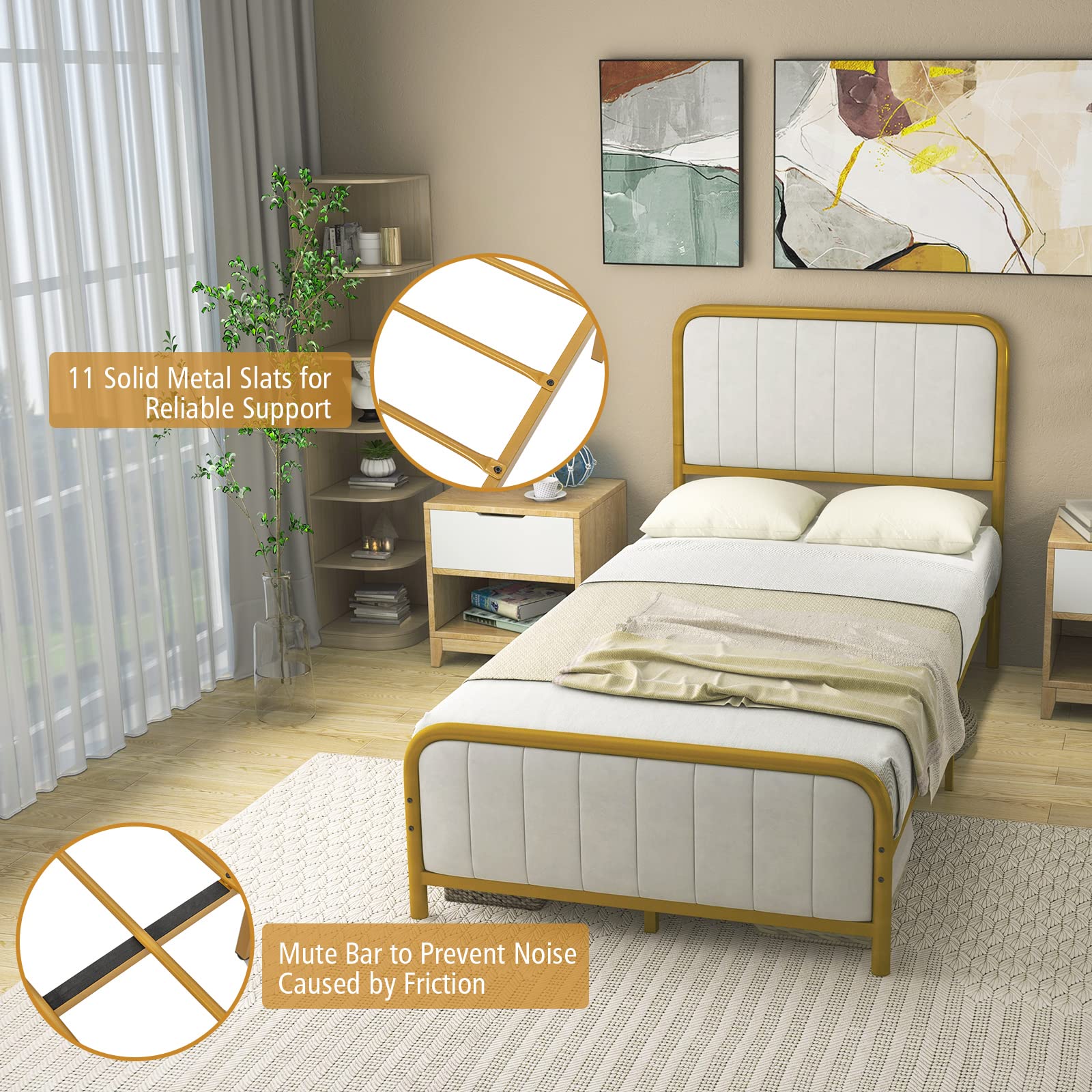 Giantex Twin Size Gold Bed Frame with Velvet Headboard and Footboard, Heavy-duty Metal Slats Support Mattress Foundation