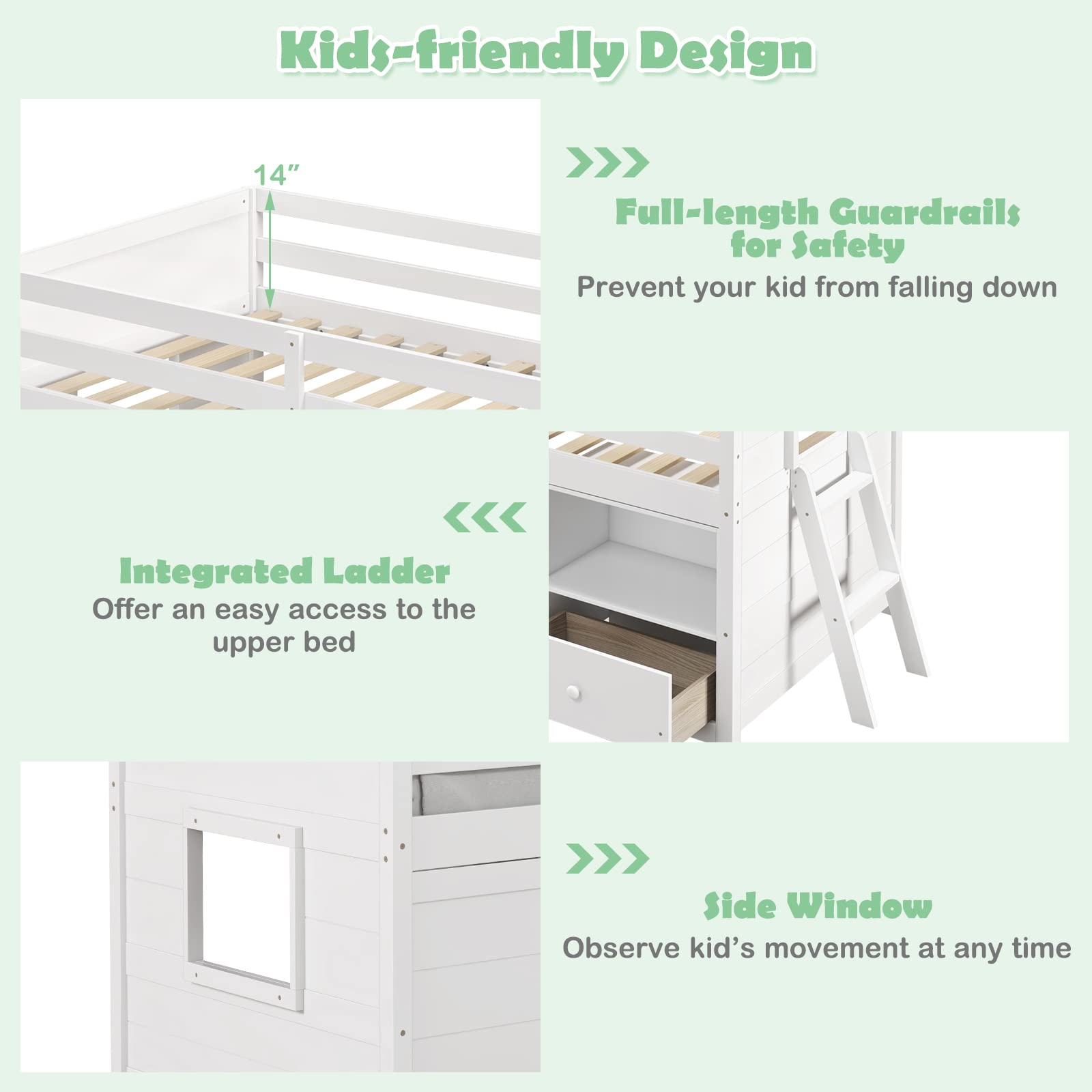 Giantex Twin Low Loft Bed with Storage, Solid Wood House Loft Bed with Drawer & Activity Center, White