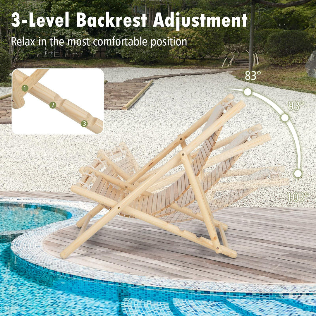 Giantex Wood Lounge Chair Outdoor - Folding Beach Chair with Detachable Headrest