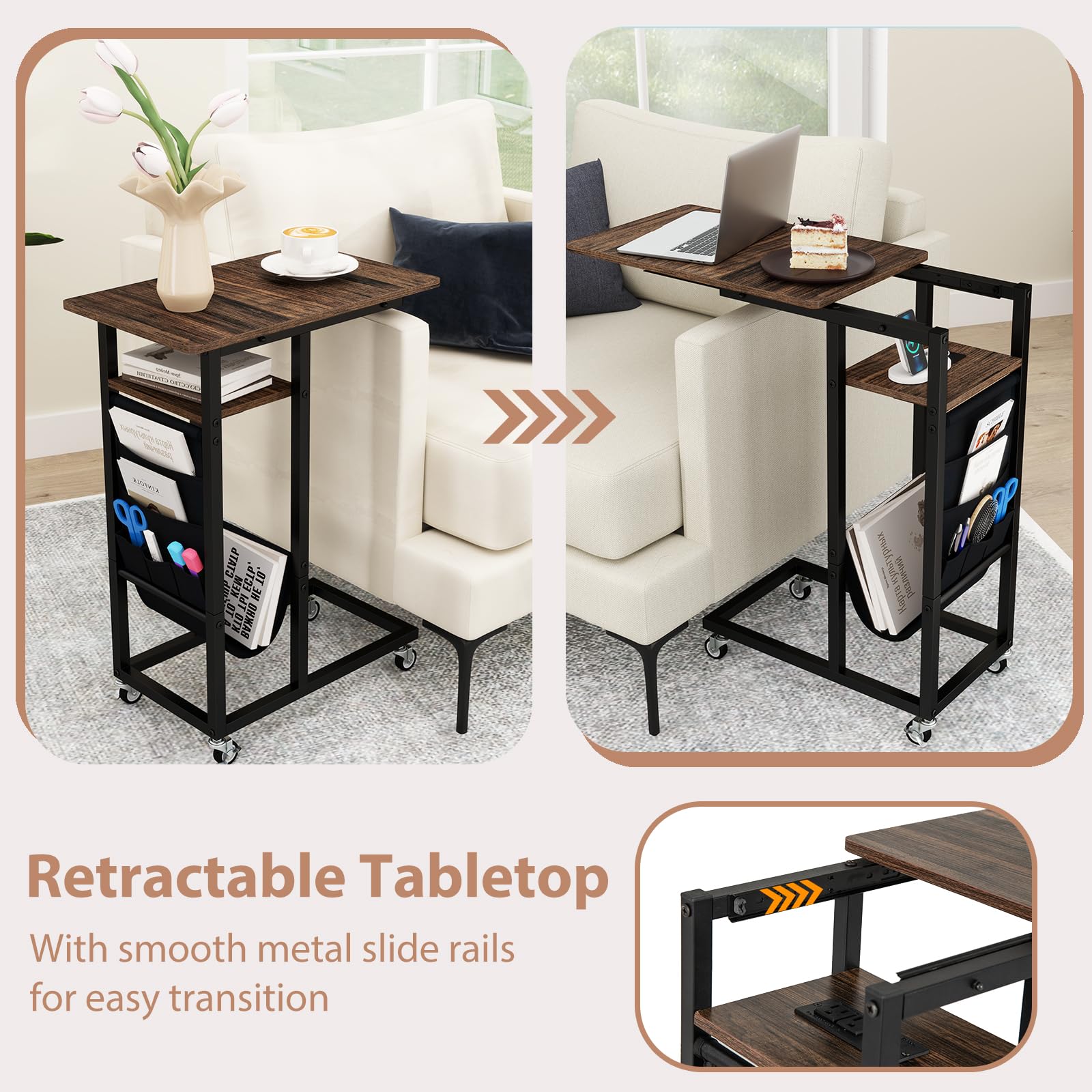 Giantex C Shaped End Table with Charging Station and Wheels