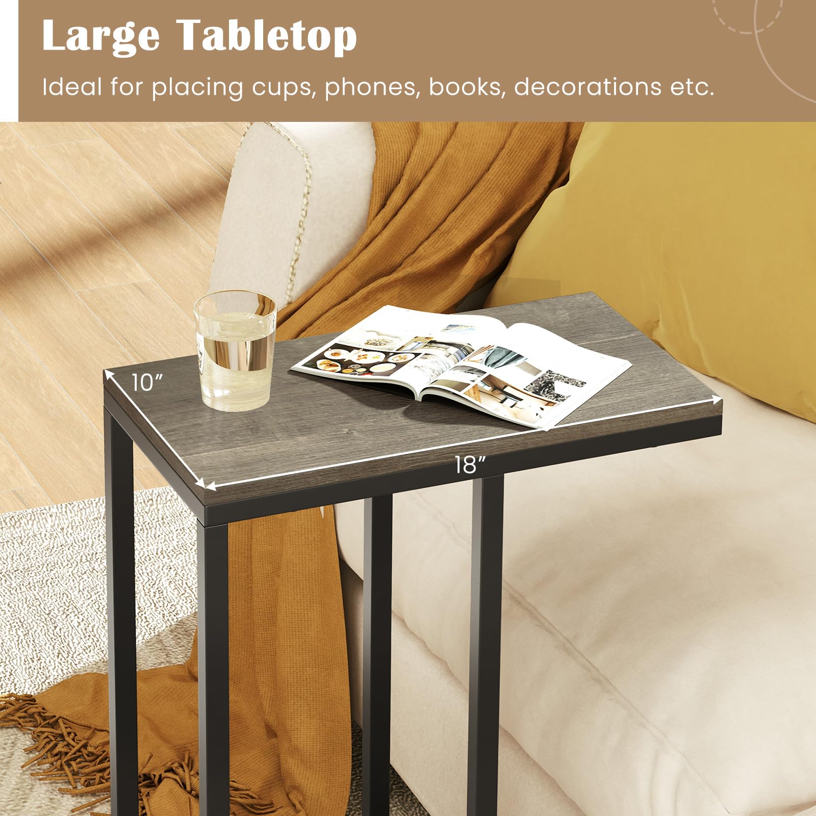 Giantex C Shaped End Table, Small Side Table for Sofa, Couch Table That Slide Under with Metal Frame