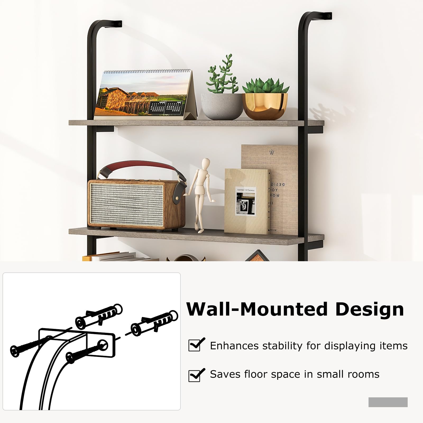 Giantex 4-Tier Industrial Bookshelf, Wall Mounted Pipe Shelving Unit, Floating Shelves with Metal Frame