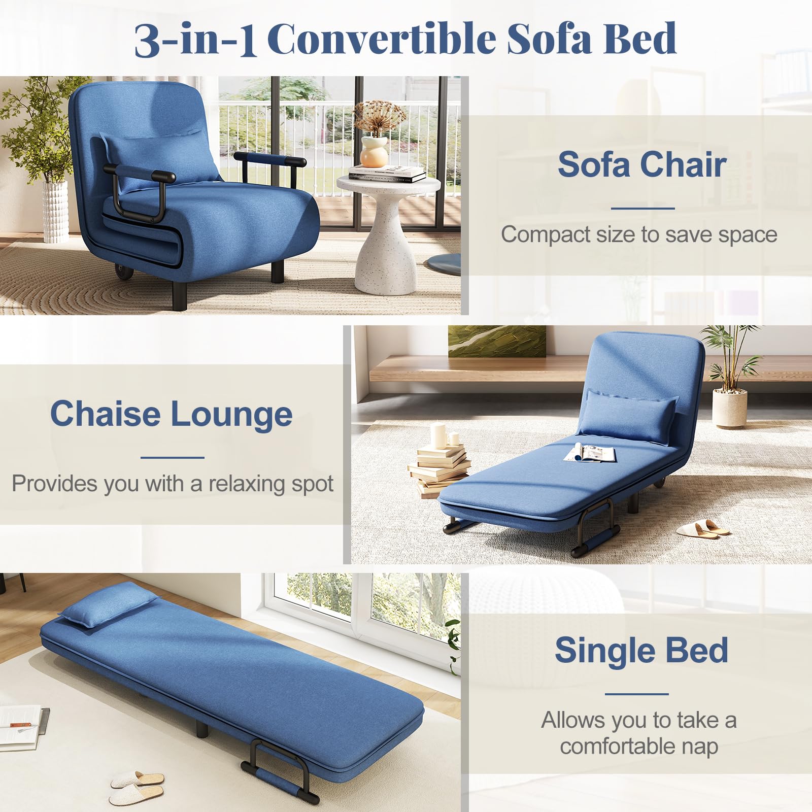 Giantex Convertible Sofa Bed, 3-in-1 Folding Sleeper Chair with 5-Position Adjustable Backrest, Wheels, 2 Legs