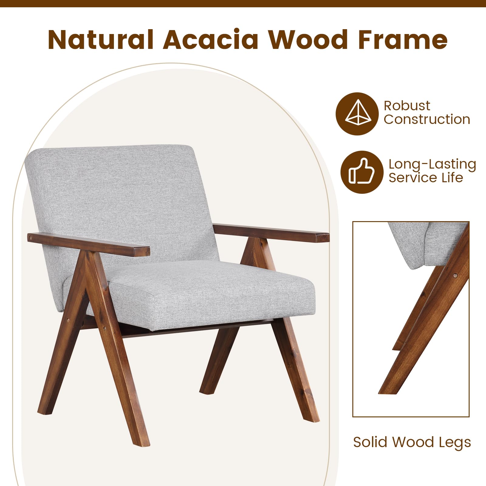 Giantex Modern Accent Chair, Linen Fabric Armchair with Solid Acacia Wood Frame, Soft Padded Cushion