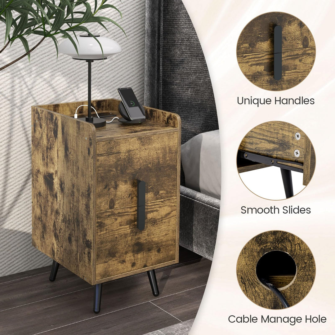 Giantex Nightstand with Charging Station, Narrow End Table with 2 Drawers & Metal Gold Legs