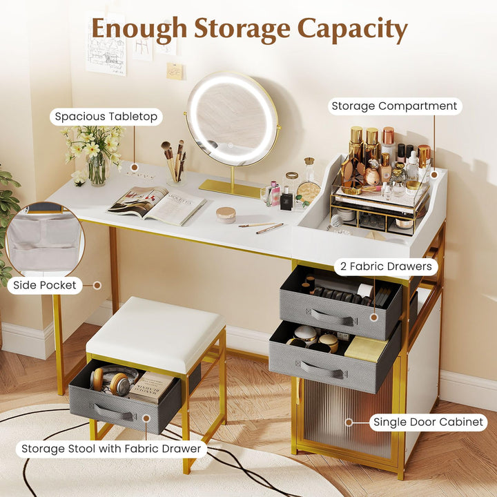 CHARMAID 55'' Vanity Desk with LED Mirror & Lighted Fluted Cabinet