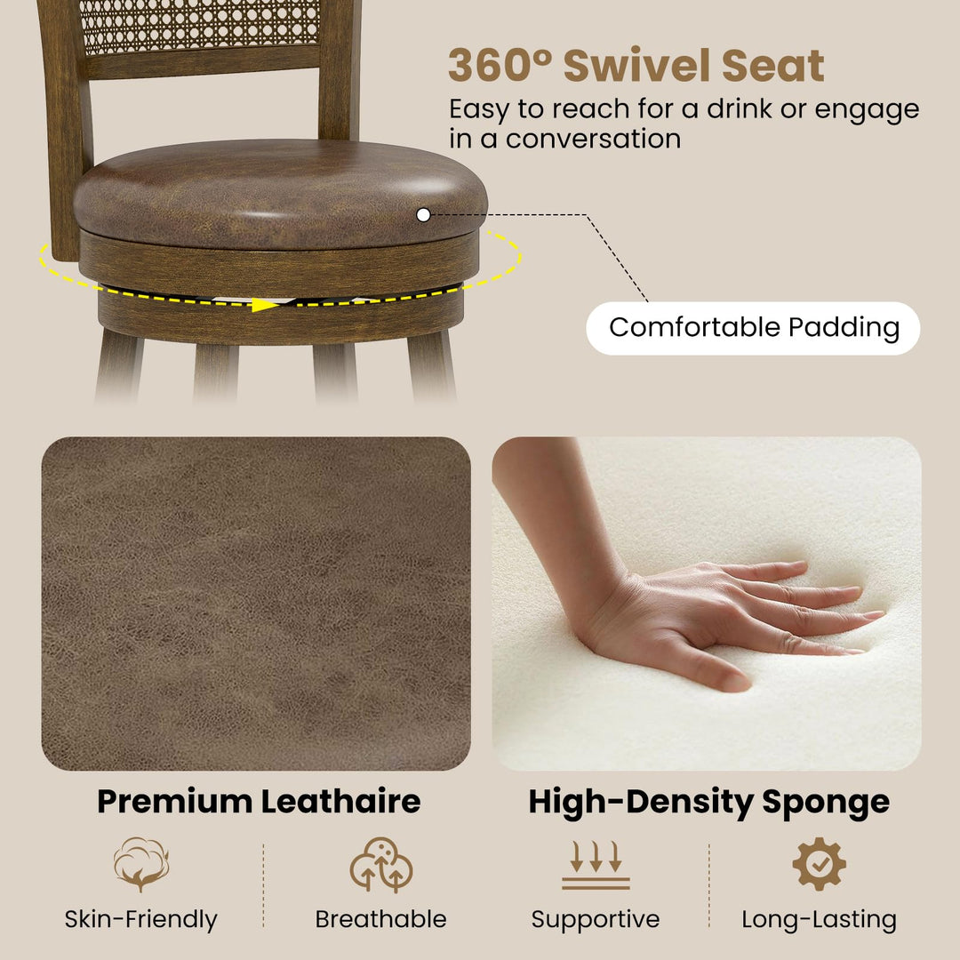 Giantex 30" Bar Height Bar Chairs with PE Rattan Backrest Upholstered Leathaire Barstools