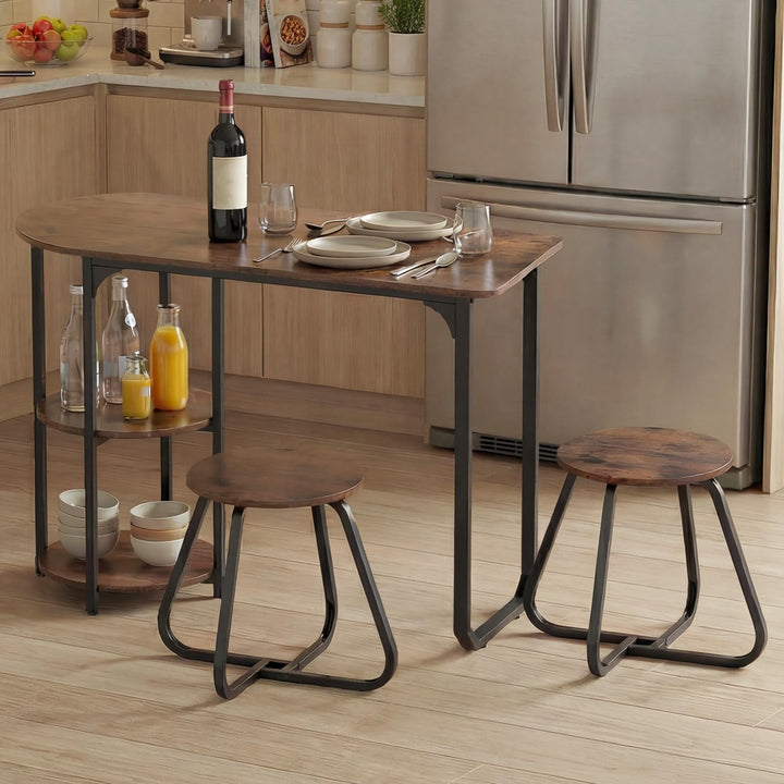 3-Piece Industrial Dining Table Set for Small Space-Rustic Brown