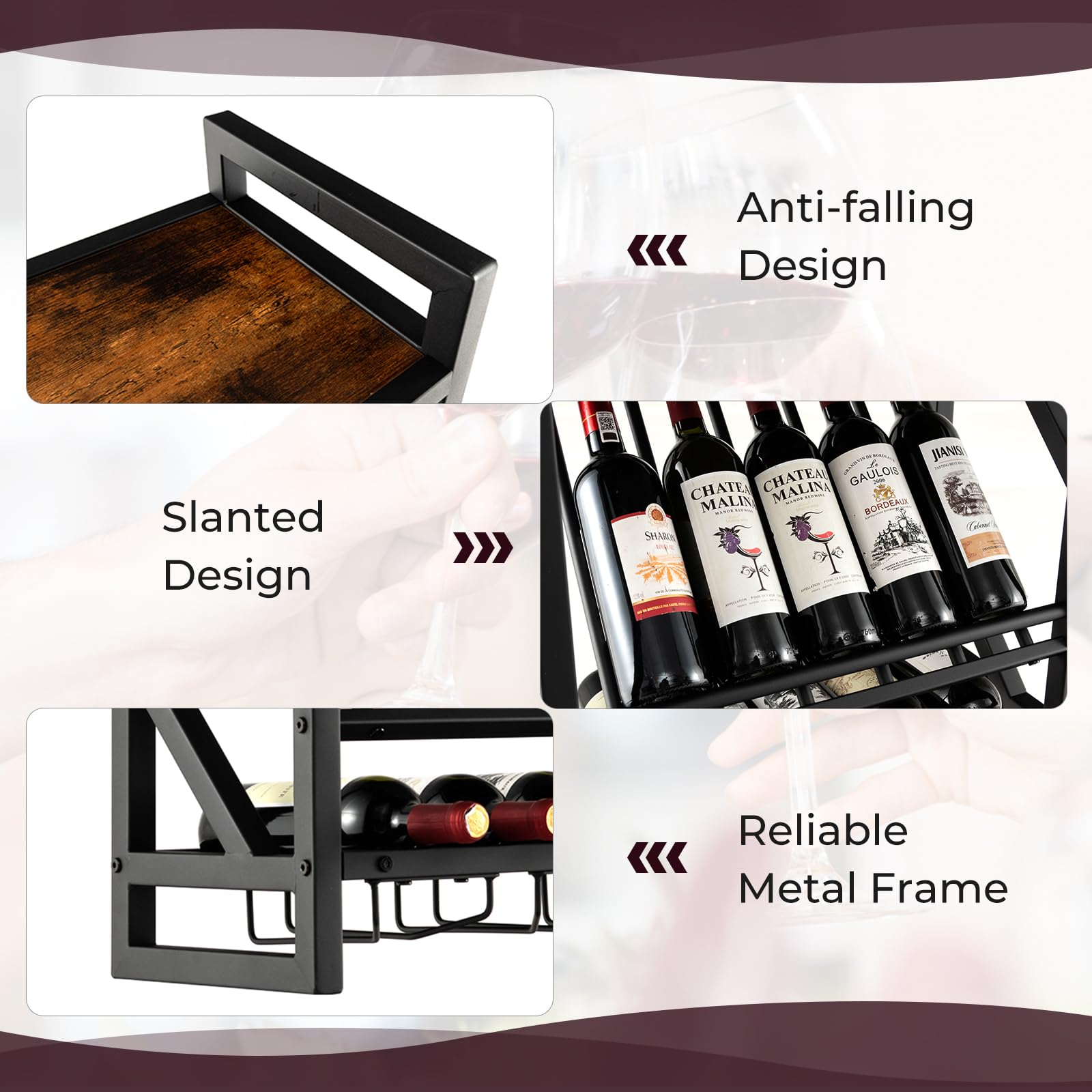 Giantex Wall Mounted Wine Rack with Glass Holder, Industrial 2-Tier 10-Bottle Floating Bar Shelves (Black)