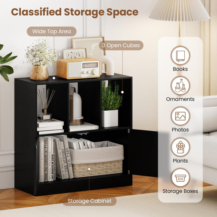Giantex 3-Cube Bookcase with Doors | 3-Tier Cubic Bookshelf w/Open Compartments & Cabinet
