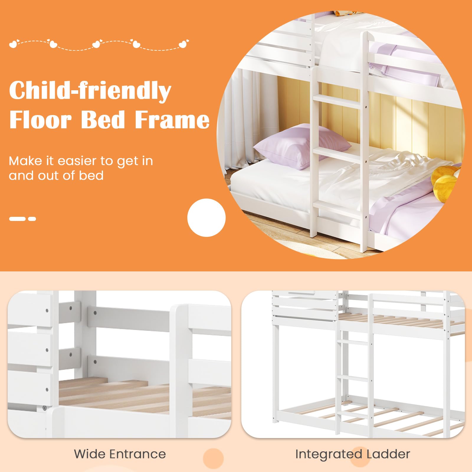Giantex White Wood Bunk Bed Twin Over Twin with Ladder and Guardrail