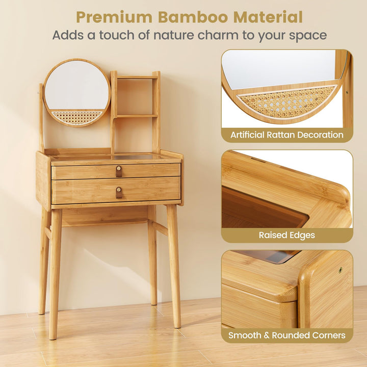 CHARMAID Small Vanity Desk with Mirror Glass Top Bamboo Makeup Vanity Table