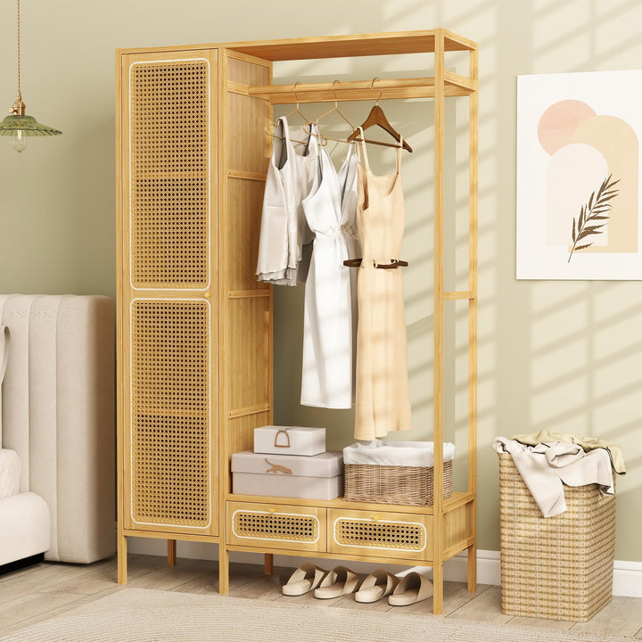 Giantex Bamboo Clothes Rack with Shelves Freestanding Garment Rack with Rattan Door