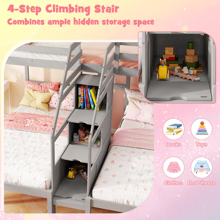 Giantex Twin Over Twin & Twin Bunk Bed Triple Bunk Beds with 4-Step Storage Stair