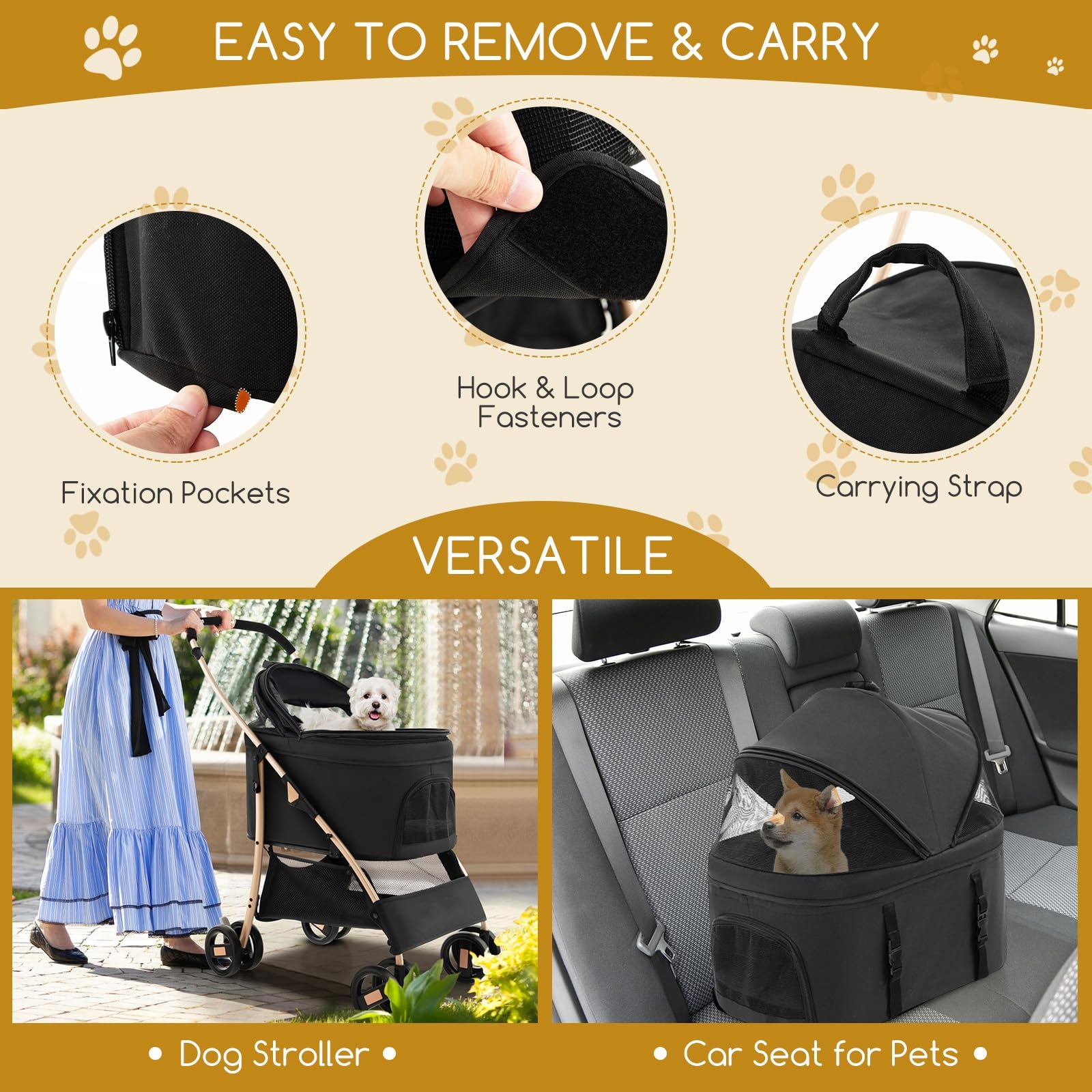 Giantex Pet Stroller 3-in-1, Folding Dog Stroller Detachable Carrier Car Seat (Black & Gold)
