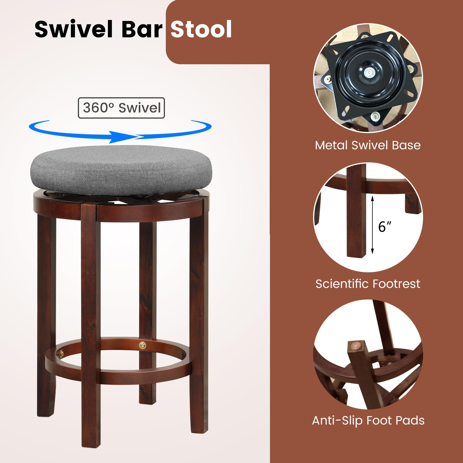Giantex Counter Height Stool Set of 2, 26 Inch Swivel Bar Stool with Padded Cushion & Rubber Wood Legs