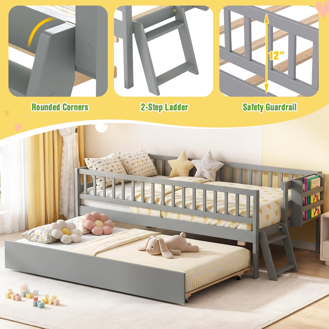 GIANTEX Trundle Bed Twin Size with Bookshelf | 2-Step Ladder for Kids