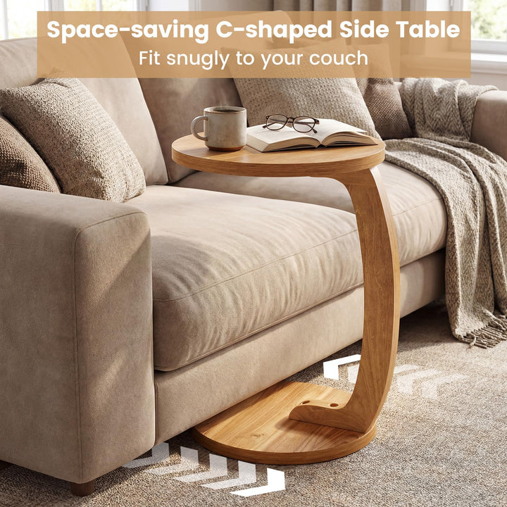 Giantex C-Shaped Round Side Table Set of 1/2 24" Solid Teak Wood