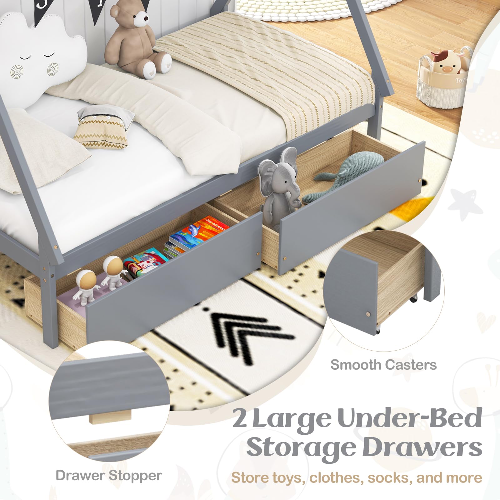 Giantex Twin Bed Frame with 2 Storage Drawers, Wood House Tent Platform Bed Frame with Triangle Structure