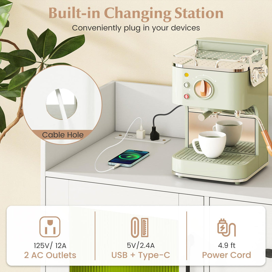 Giantex RGB LED Buffet Sideboard | White Kitchen Storage Cabinet with Charging Station