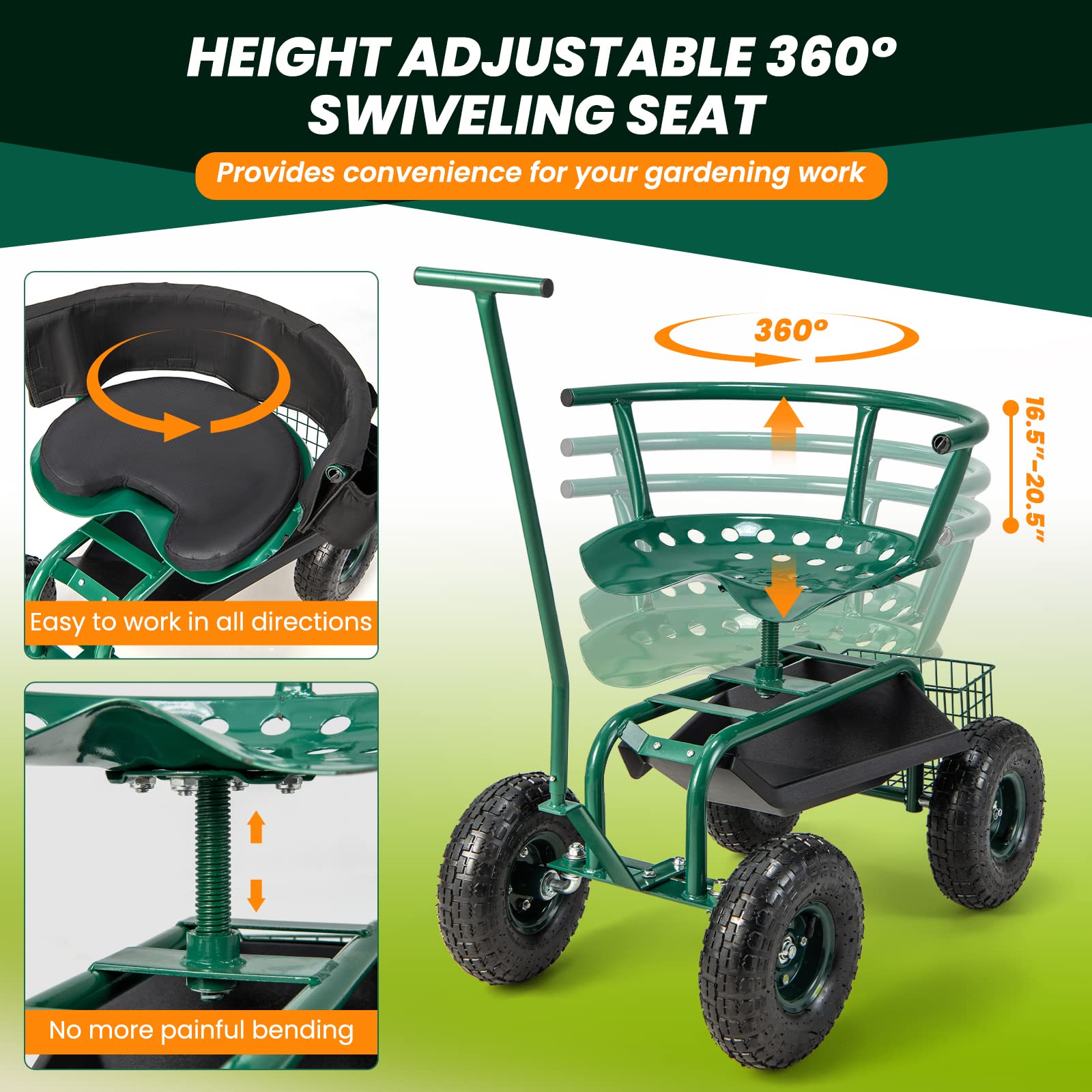 Giantex Garden Cart, Rolling Workseat with 4 Wheels, Tool Tray, Removable Cushion, Storage Basket
