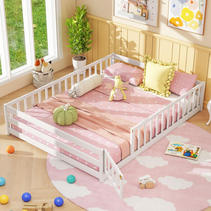 Giantex Floor Bed with Door & Fence Kids Wood Montessori Beds with Safety Guardrails