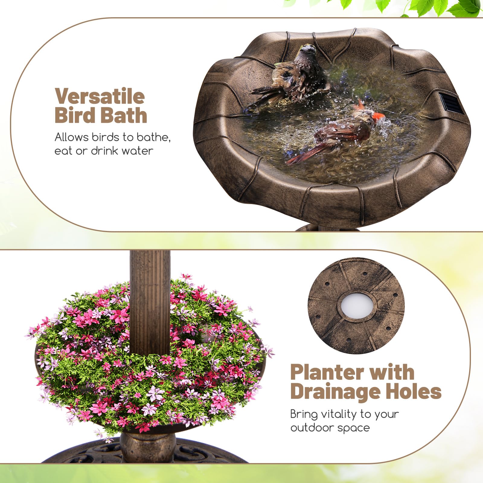 Giantex Bird Bath for Outside, 30 inch Solar Lighted Bird Bath and Feeder with Flower Planter