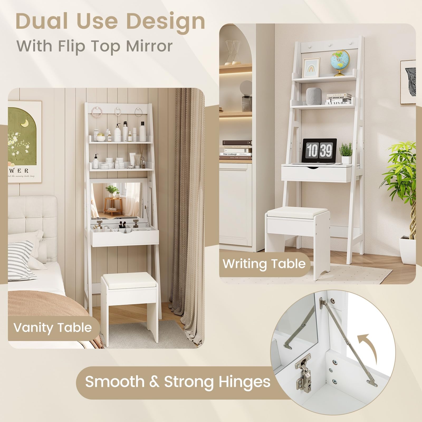 CHARMAID Small Vanity Desk with Mirror, Ladder Makeup Vanity Table with Flip top Mirror