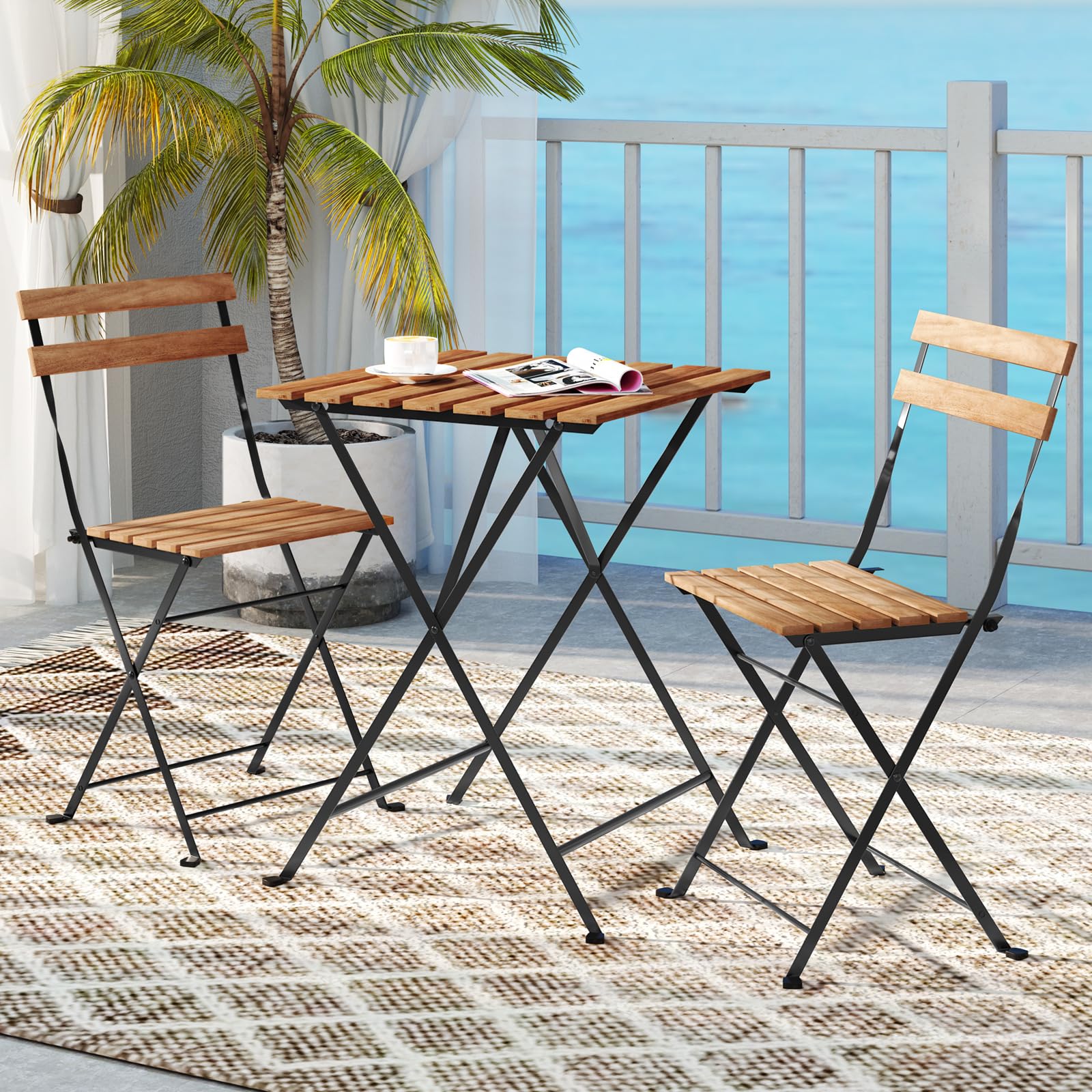 Giantex 3-Piece Acacia Wood Bistro Set with 2 Folding Chairs, Slatted Seat & Tabletop