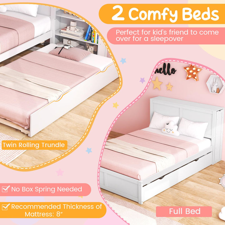 Giantex Full Bed Frame with Twin Trundle, Wooden Bed Wooden Bed Frame with 2 Rolling Bookcases & High Headboard
