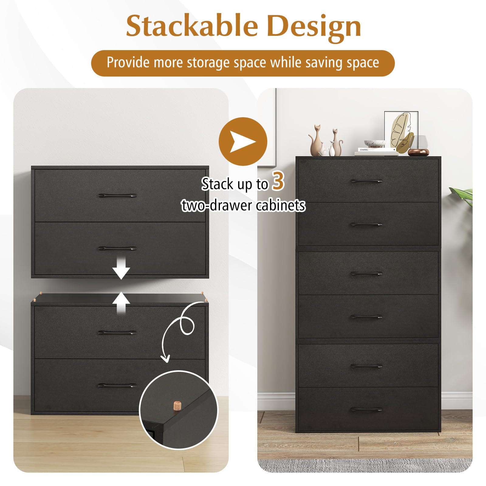 Giantex Stackable Drawers for Closet, 2-Drawer Short Dresser, Multi-Purpose Storage Cube with Anti-Scratch Pads(1/2, Black)