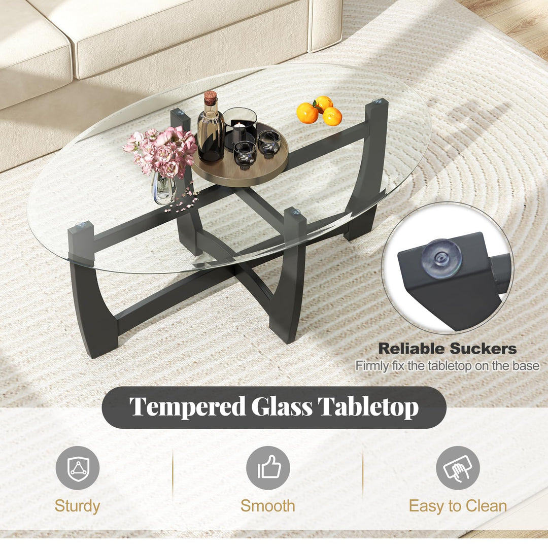 Giantex Glass Coffee Table, 48" Oval Accent Tea Table with Tempered Glass Top & Solid Wood Structure