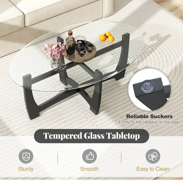 Giantex Glass Coffee Table, 48" Oval Accent Tea Table with Tempered Glass Top & Solid Wood Structure
