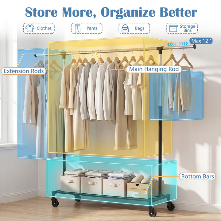 Giantex Extendable Heavy-Duty Rolling Clothing Rack for Hanging Clothes