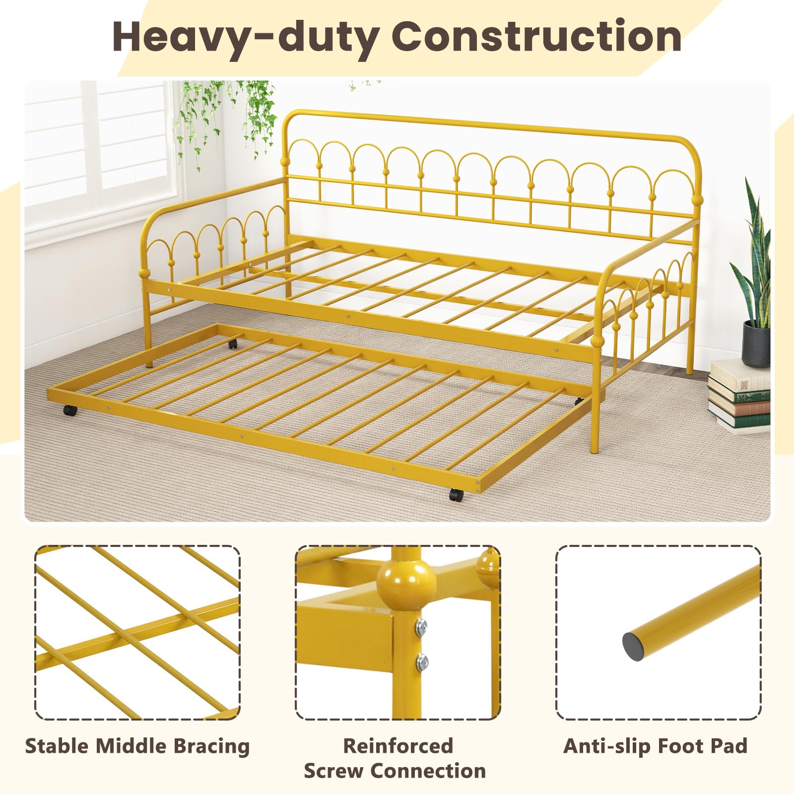 Giantex Twin Daybed with Trundle Gold, Metal Day Bed with Convenient Pull-Out Trundle Bed