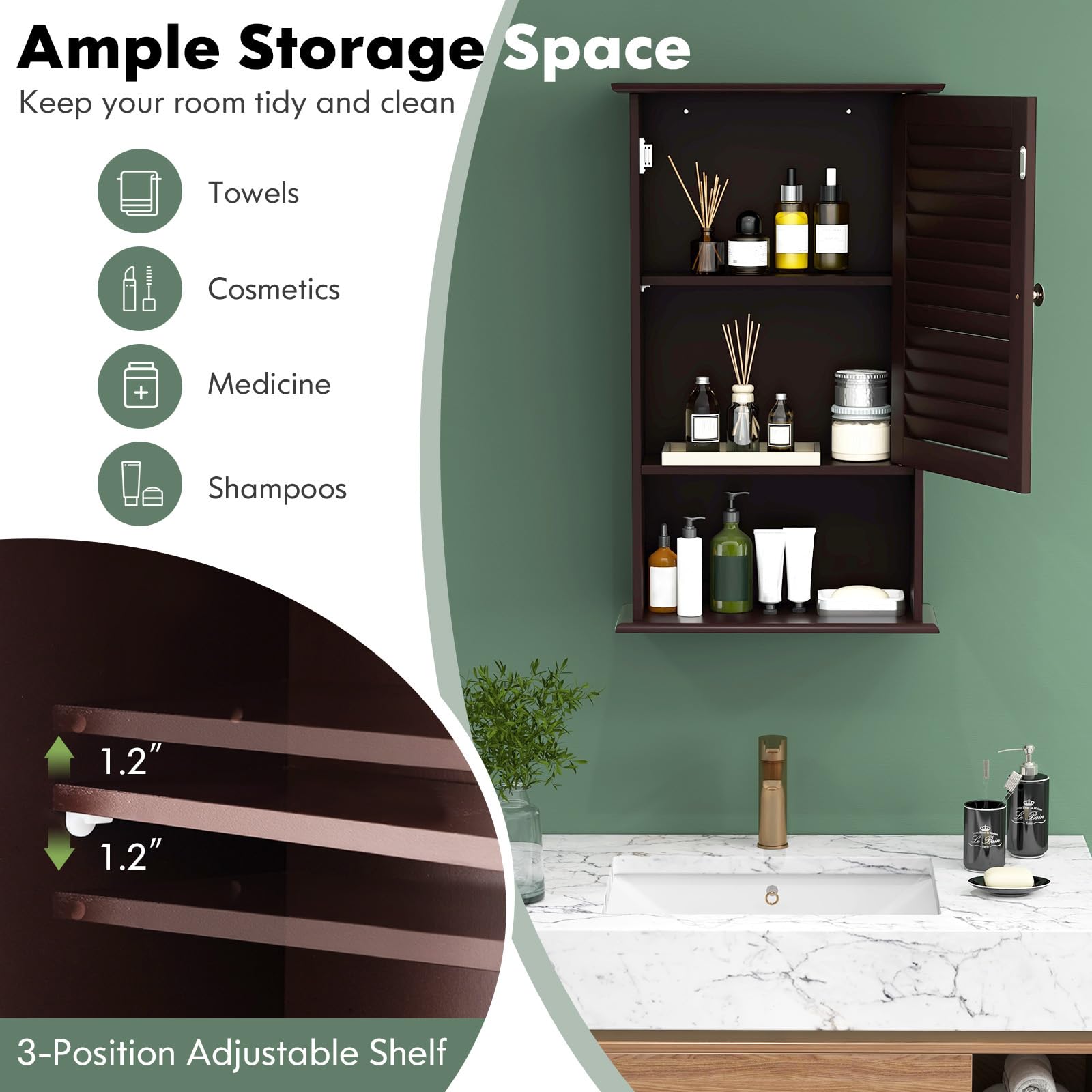 Giantex Bathroom Wall Mount Cabinet - Over The Toilet Storage Organizer with Single Door and Adjustable Shel