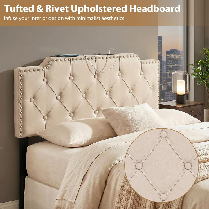 Giantex Headboard for Queen and Full Size Bed | Rivet Tufted Upholstered Head Board w/ 2 AC Outlets
