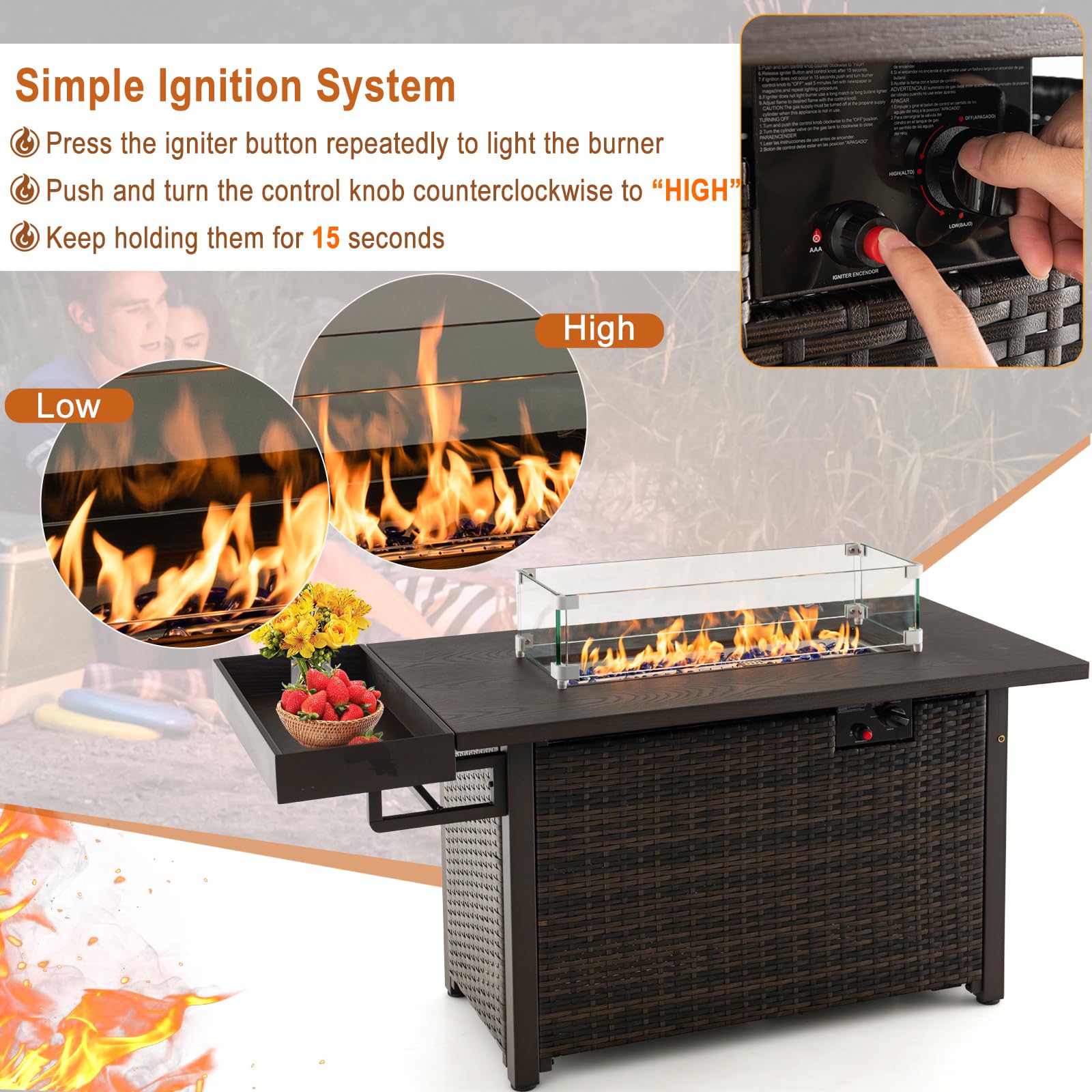 Giantex 52" Outdoor Propane Fire Pit - 50,000 BTU Wicker Patio Gas Fire Table w/Lid