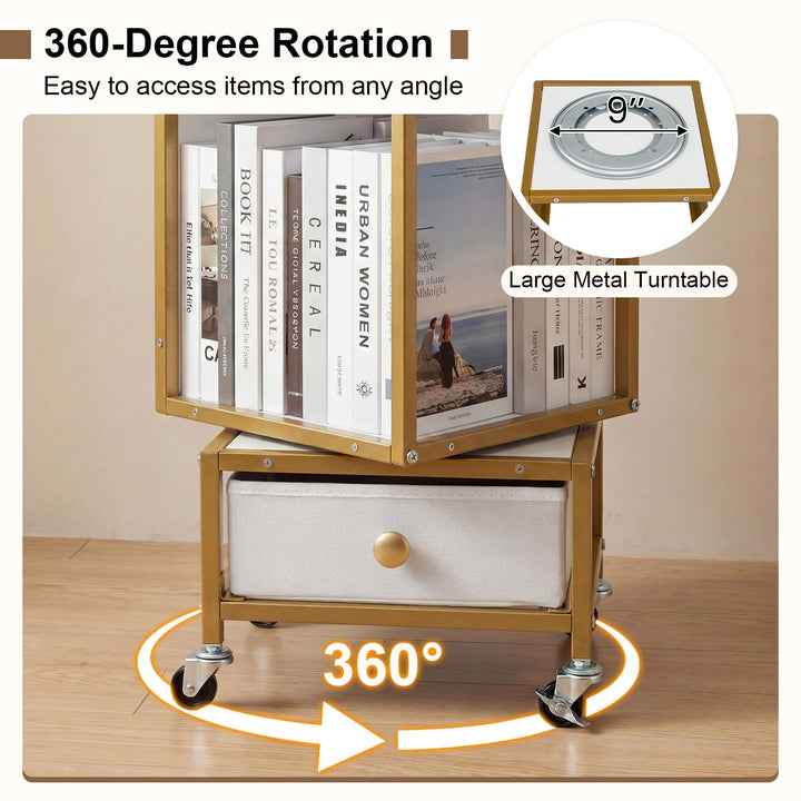 Giantex 4-Tier Rotating Bookshelf | 360° Spinning Corner Book Shelf Tower W/Removable Fabric Storage Drawer