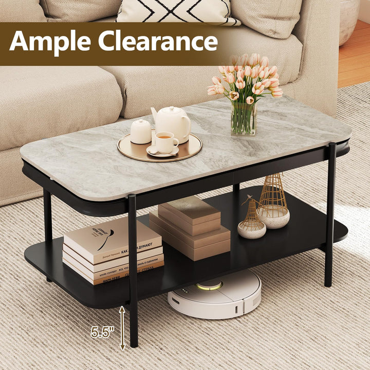 Giantex 2-Tier Coffee Table with Storage Faux Mable Center Table w/Sintered Stone Top