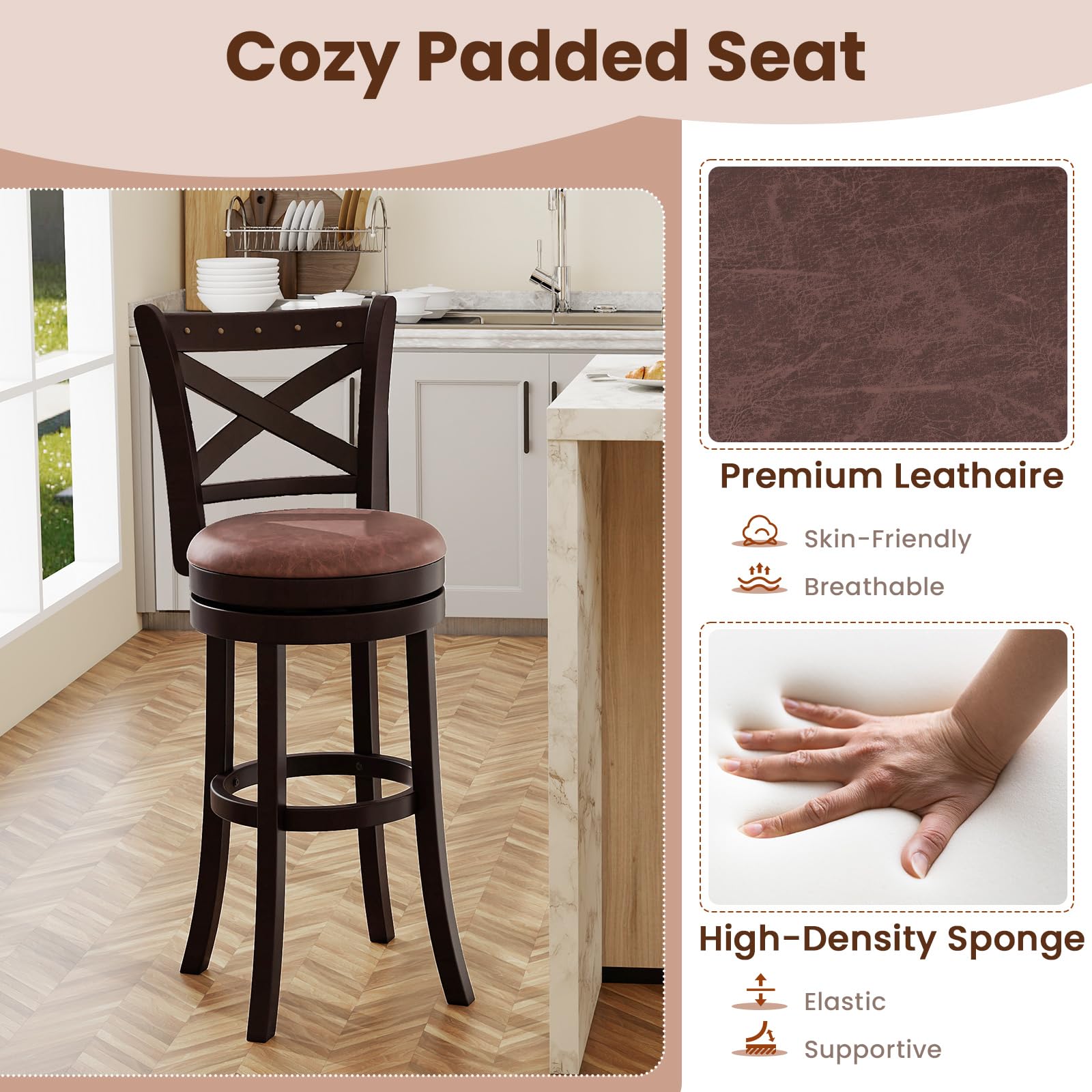 Giantex 30" Swivel Bar Stools with Footrest & Rubber Wood Frame