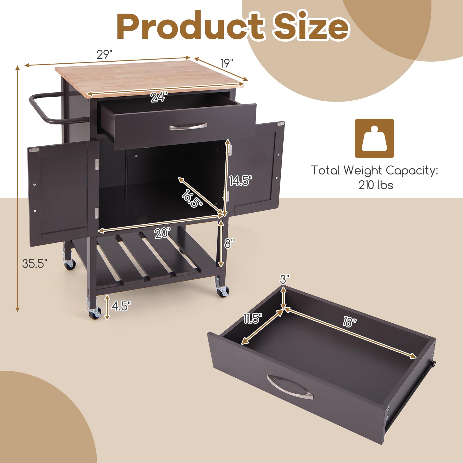 Giantex Rolling Kitchen Island Cart, Mobile Serving Cart with Drawer, 2-Door Storage Cabinet, Storage Shelf