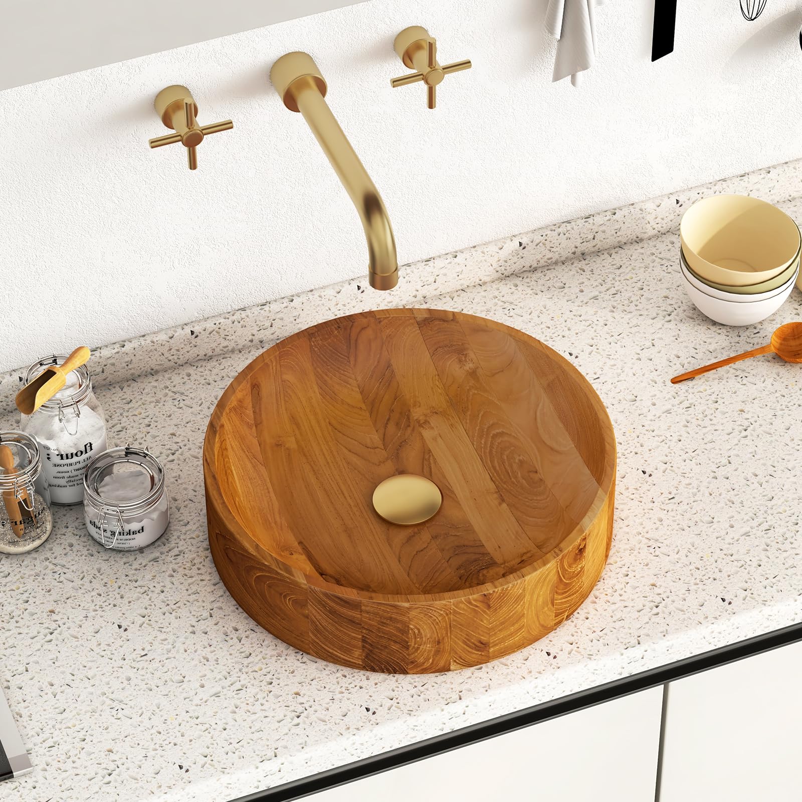 Giantex Teak Wood Vessel Sink - Bathroom Washbasin with Smooth Finish, 2.5” Drain Hole for 1 5/8" Drainage (16” x 16” x 4”)