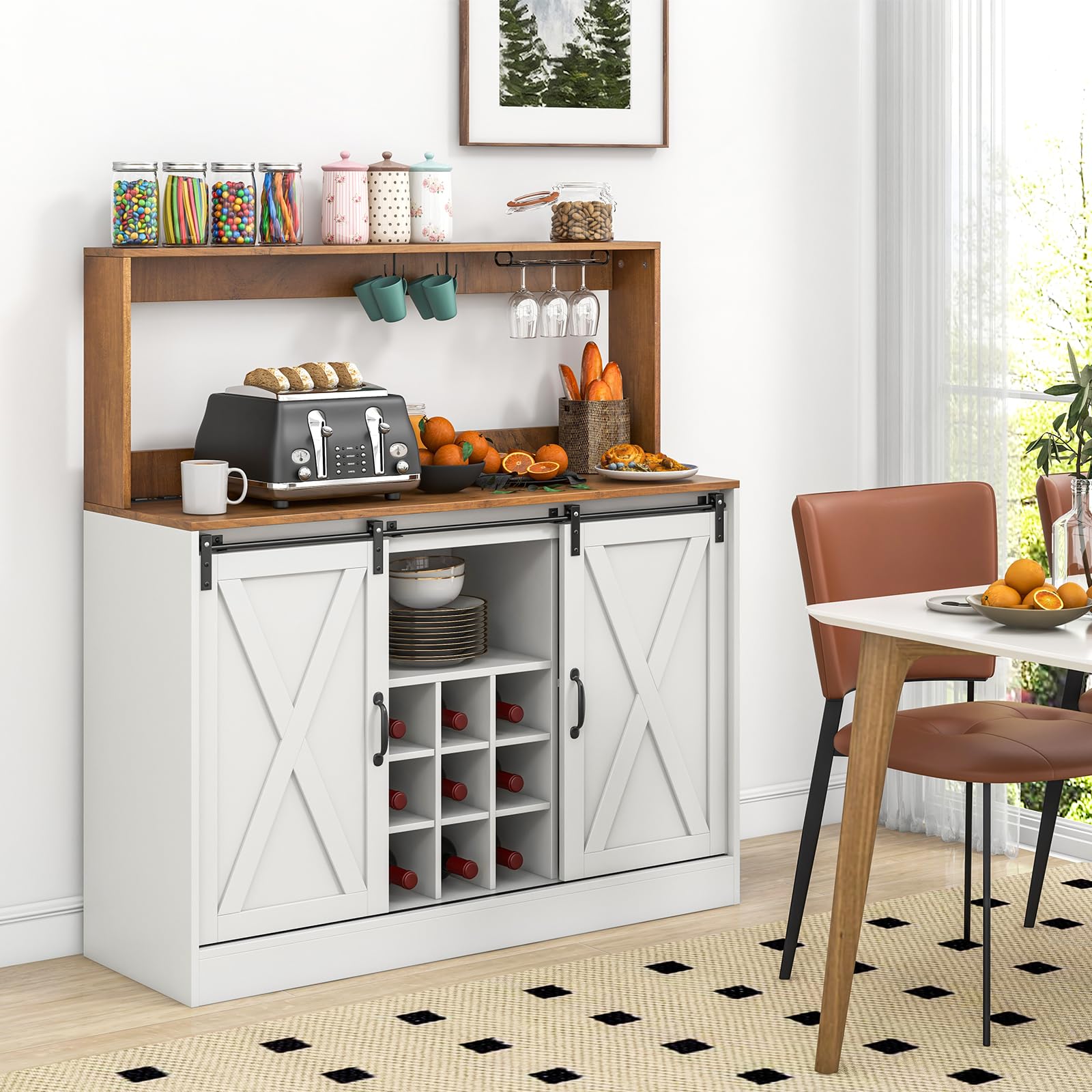 Giantex Farmhouse Buffet Cabinet with Hutch, Charging Station, 9 Bottle Wine Rack, Cup Glass Holder