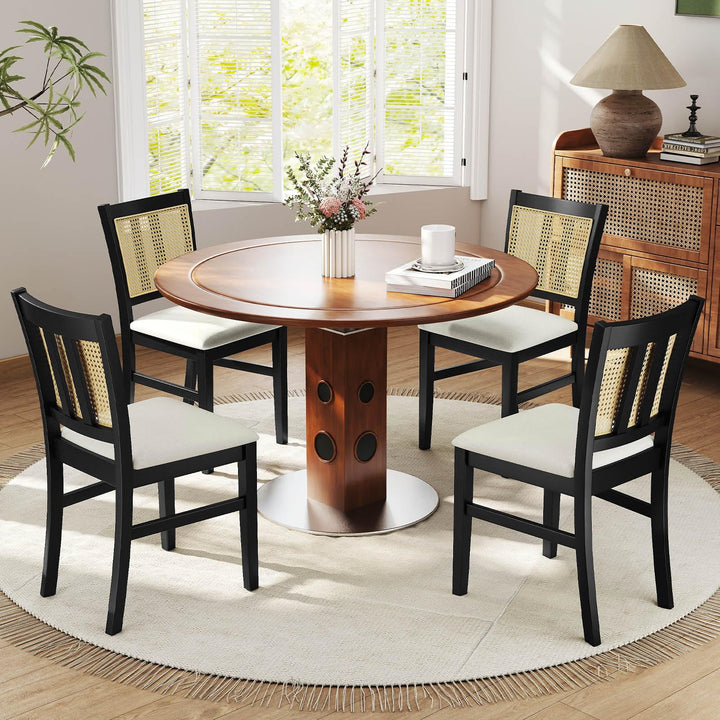 Giantex Rattan Dining Chairs Set of 2/4 Farmhouse Fabric Upholstered Kitchen Chairs with Rubber Wood Legs