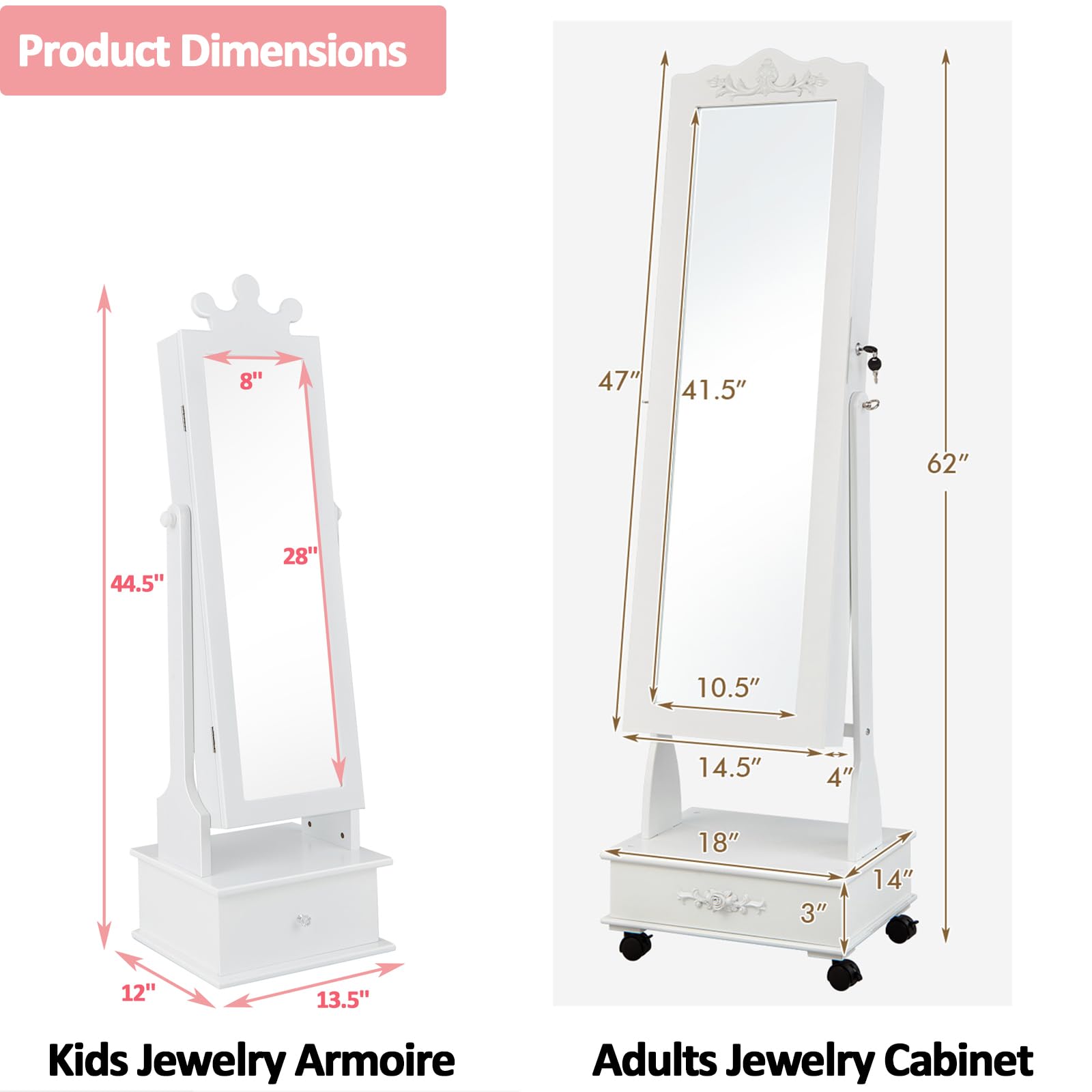 CHARMAID Kids Jewelry Armoire & Adult Jewelry Cabinet Set