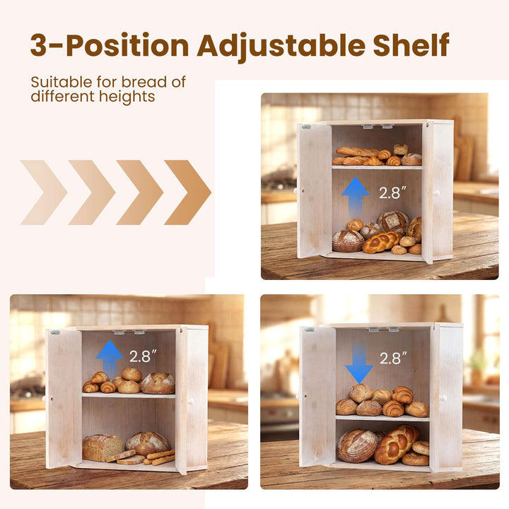 Giantex Corner Bread Box for Kitchen Countertop | Bamboo Wood Storage Bin with 2-Tier Pantry Shelves